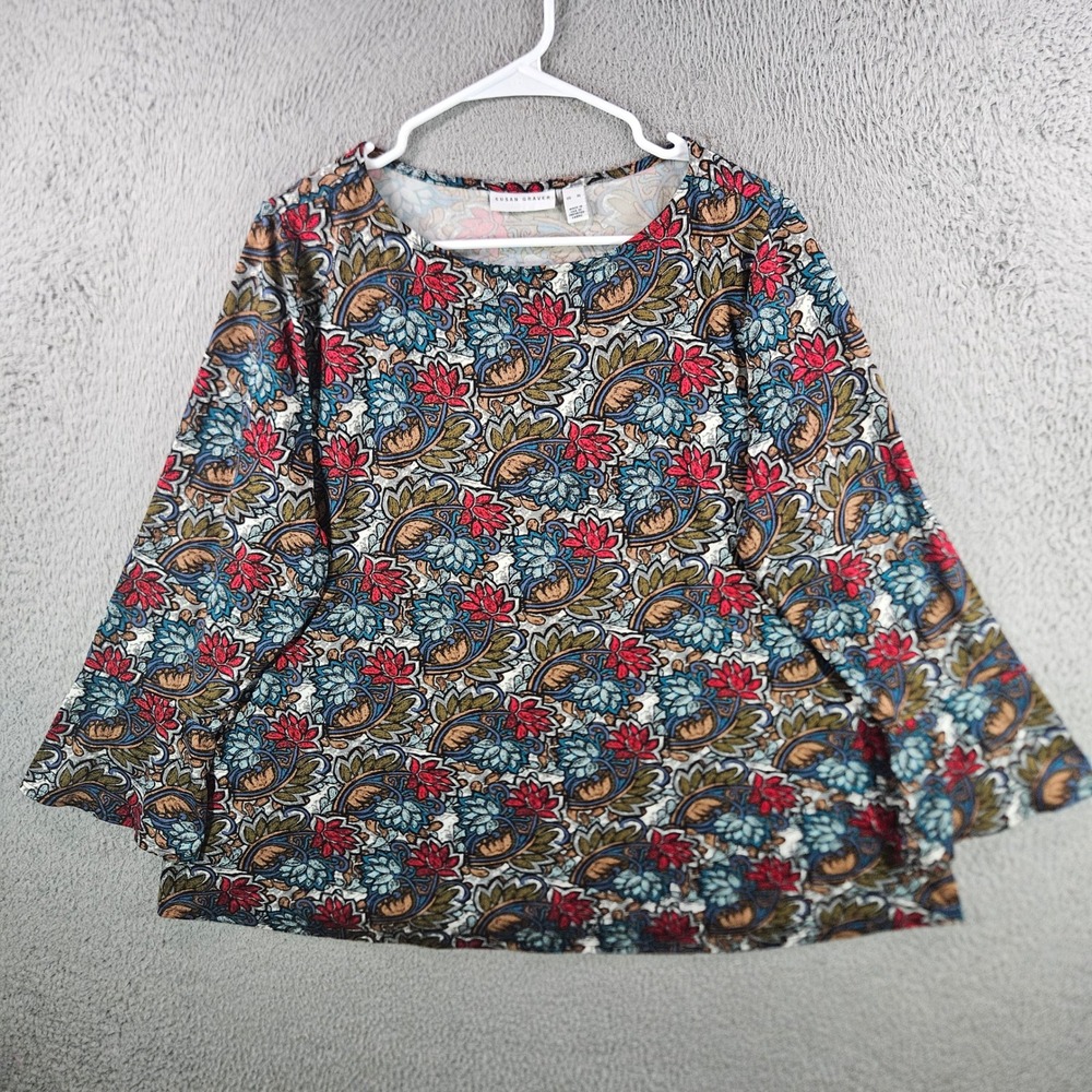 Susan Graver Liquid Knit Floral Paisley Top Red Blue XL Long Sleeve Scoop Neck